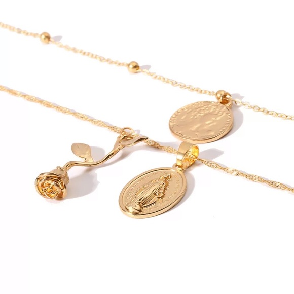 🆕 3 pendent Rose and coin pendent necklace - Picture 5 of 5